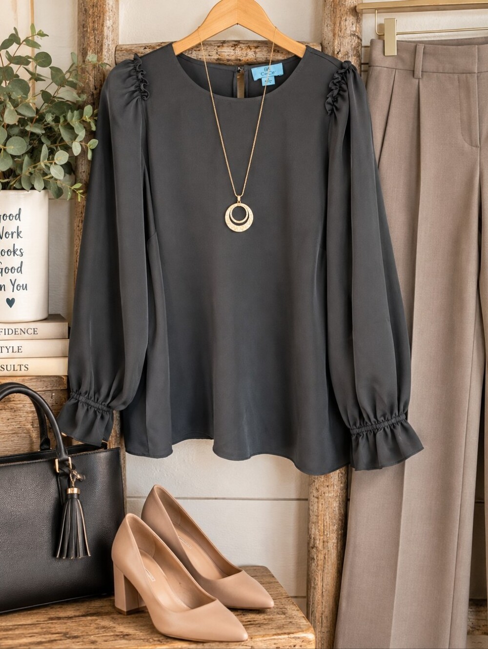 CeCe 1X Black Ruffle Shoulder Long Sleeve Blouse Business Casual Work Top